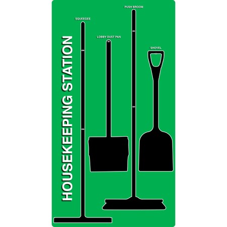 5S Supplies 5S Housekeeping Shadow Board Broom Station Version 10 - Green Board / Black Shadows  With Broom HSB-V10-GREEN-KIT